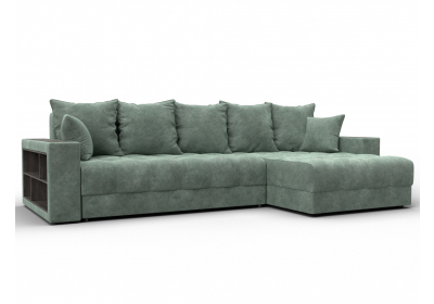 Диван угловой с декором и полкой Лига-050 НПБ Велюр BRUT 08 зеленый