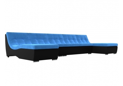 П-образный модульный диван Монреаль Long Велюр\Экокожа Голубой\Черный