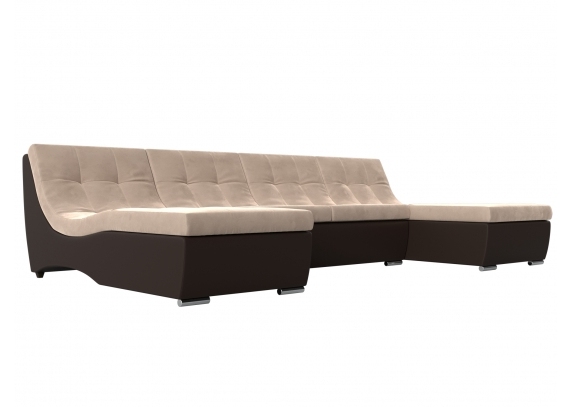П-образный модульный диван Монреаль Велюр\Экокожа бежевый\коричневый