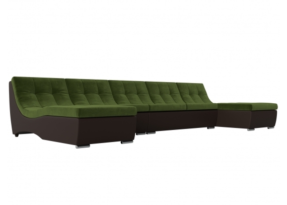 П-образный модульный диван Монреаль Long Микровельвет\Экокожа зеленый\коричневый